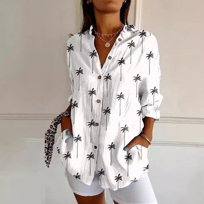 Women's Button-Up Blouse - Relaxed Fit - 3/4 Sleeve - Patchwork Floral Print