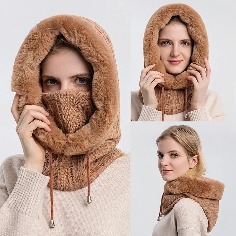 Amelia Fit Hooded Neck Warmer | Cable Knit Fur Trim Neck Warmer