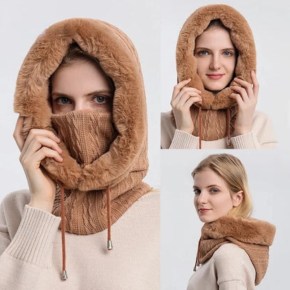 Amelia Fit Hooded Neck Warmer | Cable Knit Fur Trim Neck Warmer
