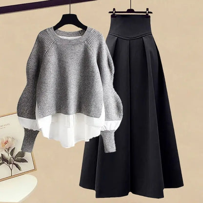 Women's large autumn winter splicing two-piece suit with slim skirt