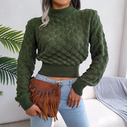 Women's diamond hollow long sleeve cropped knitted sweater