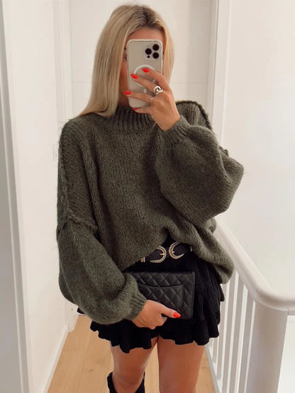 Women's oversized high neck knit sweater with lantern sleeves