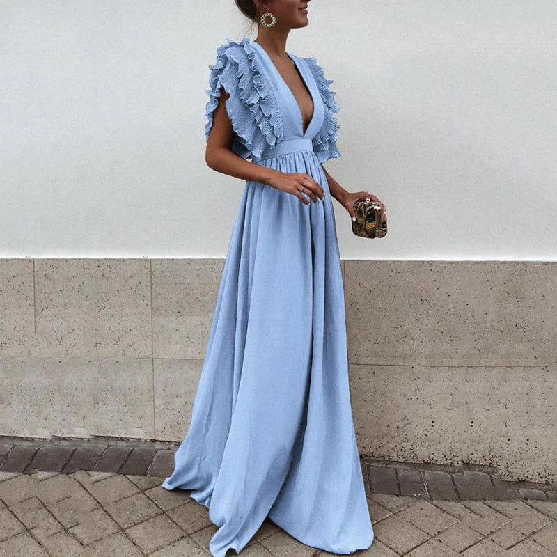 Women’s Evening Gown - A-Line Silhouette - Deep V-Neck - Ruffle Sleeve Formal Dress