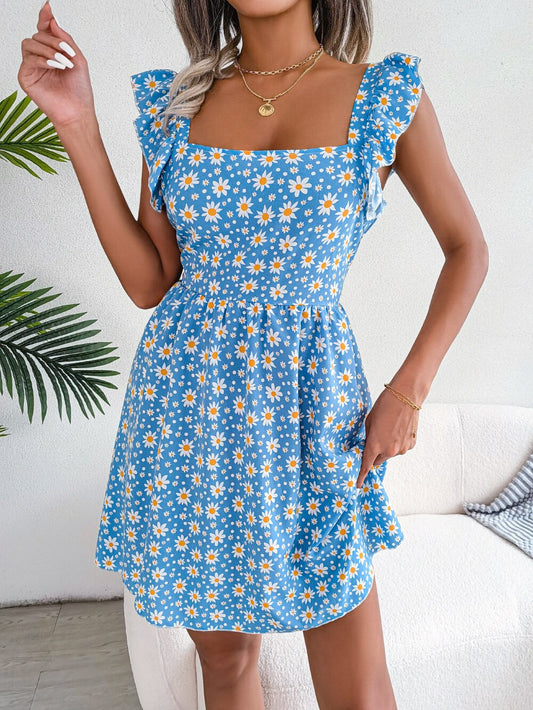Floral Print Ruffled Strap Sleeveless Dress