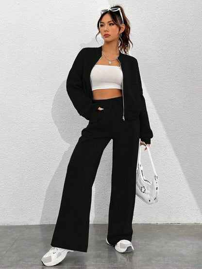 Women's casual zipper bomber jacket and wide leg pants set