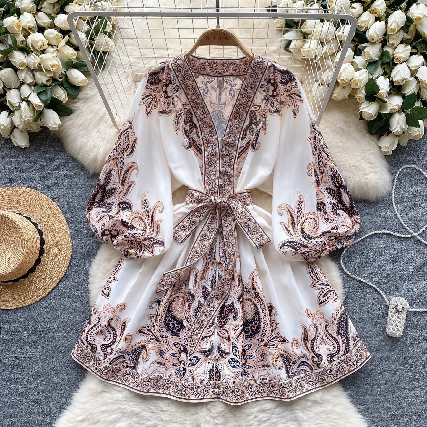 Women's Boho Mini Dress - V-Neck - Long Balloon Sleeves - Tie Waist - Paisley Print