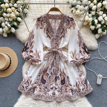 Women's Boho Mini Dress - V-Neck - Long Balloon Sleeves - Tie Waist - Paisley Print