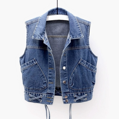 Women's short slim denim vest with pleated design and large pockets