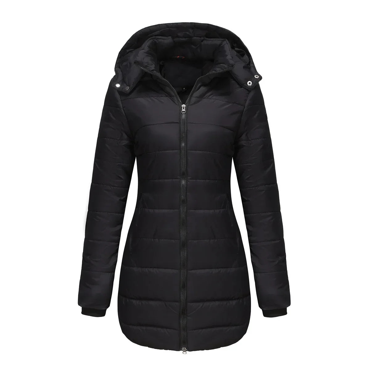 Women's winter puffer jacket with a removable quilted hood