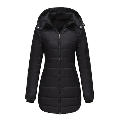 Women's winter puffer jacket with a removable quilted hood