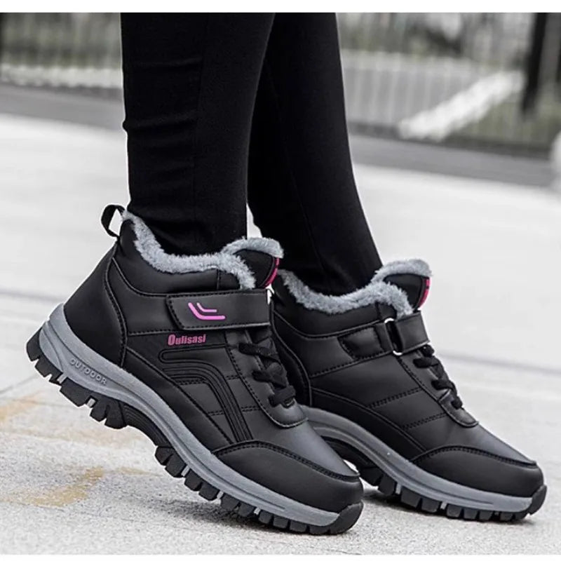 Women's winter waterproof leather ankle snow boots with plush lining