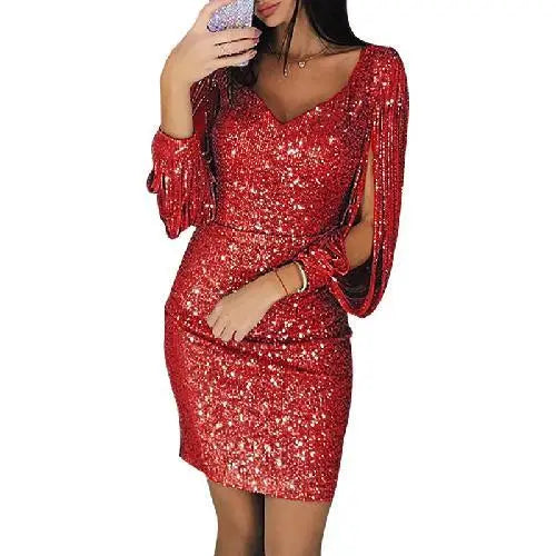 Women's Sequin Mini Dress - Scoop Neck - Draped Open Sleeves - Party Wear