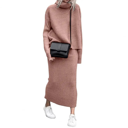 Women's casual  loose high collar pullover knitted sweater skirt set