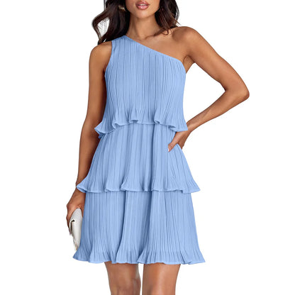 Women’s One-Shoulder Midi Dress – Pleated Chiffon – Tiered Skirt – Flowy Fit