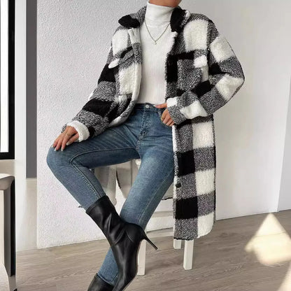 Women's autumn winter long plaid fleece sweatshirt coat