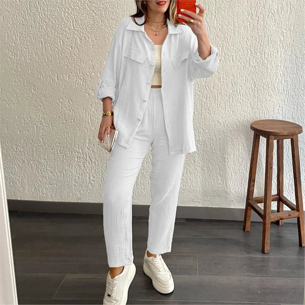 Women's casual long sleeve shirt and loose button pants set