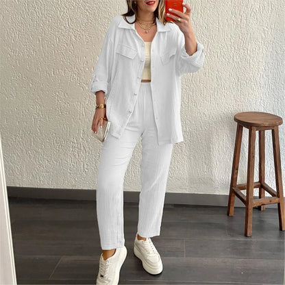Women's casual long sleeve shirt and loose button pants set