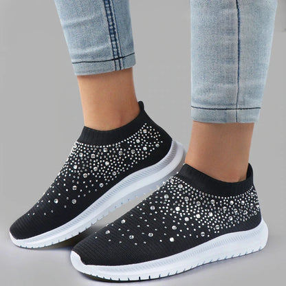 Women's Slip-On Sneakers - Knit Fabric - Rhinestone Embellished - Lightweight Sole