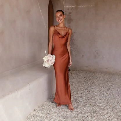 Women’s Maxi Dress – Satin Slim Fit – Cowl Neck – Spaghetti Strap Evening Gown