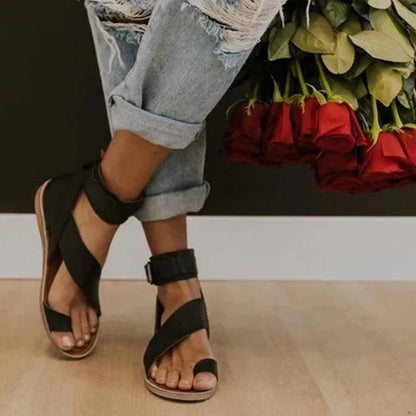 Women's Sandals - Leather Straps - Buckle Closure - Open Toe Comfortable Flat