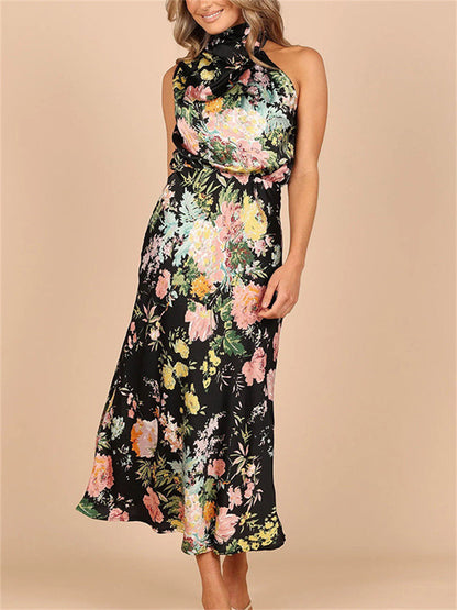Women's Sleeveless Maxi Dress - Draped High Neck - Fitted Waist - Floral Elegant Wear