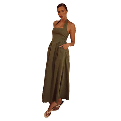 Women's halter neck backless dress with A-line midi skirt