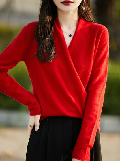 Women’s V-Neck Pullover Sweater – Wool Knit – Relaxed Fit – Long Sleeve Wrap Style