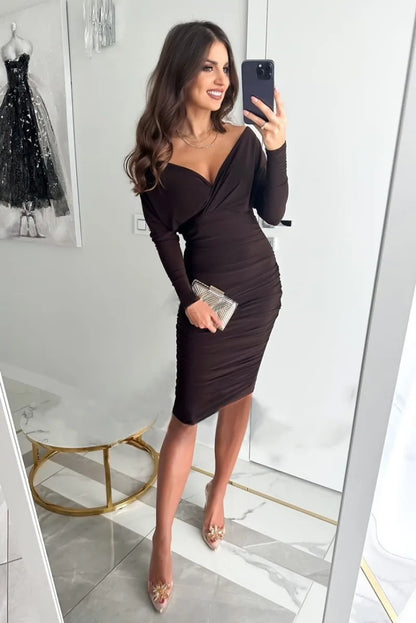 Women's Bodycon Dress - Ruched Slim Fit - Deep V-Neck Long Sleeve - Knee Length
