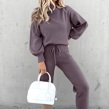 Women’s Loungewear Set - Soft Knit - Relaxed Fit Top & High-Waist Joggers - Balloon Sleeves
