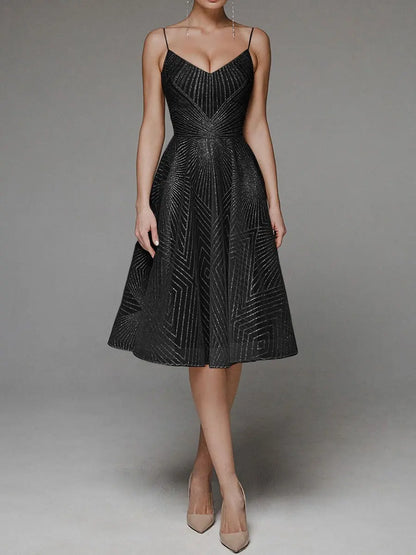 Women's A-Line Dress - Sleeveless Spaghetti Strap - V-Neck Knee-Length Elegant Wear