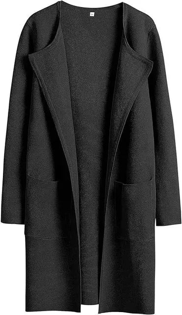 Women’s Long Coat - Wool Blend - Tailored Fit - Open Front with Notched Lapels