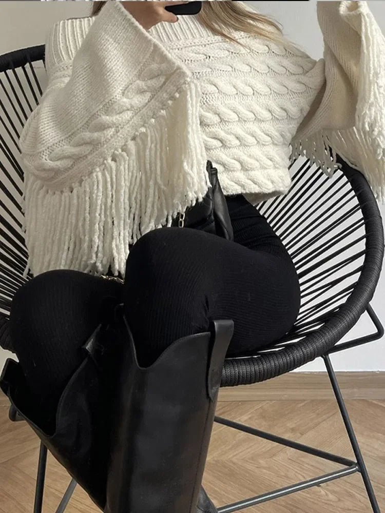 Women's off-shoulder tassel sweater