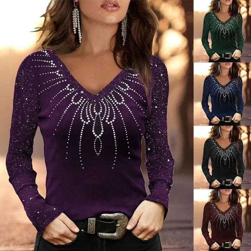 Women's long sleeve slim fit V-neck T-shirt with geometric patterns