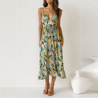 Women's Maxi Dress - Sleeveless V-Neck - Flowy A-Line with Abstract Print