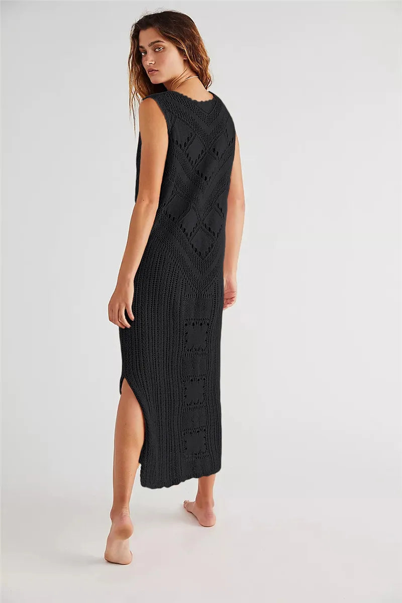 Women’s Mesh Dress – Relaxed Fit – Midi Length – V-Neck – Geometric Knit – Side Slit