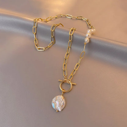 Women's Necklace - Chain Link & Pearl Design - Toggle Clasp Statement Jewelry