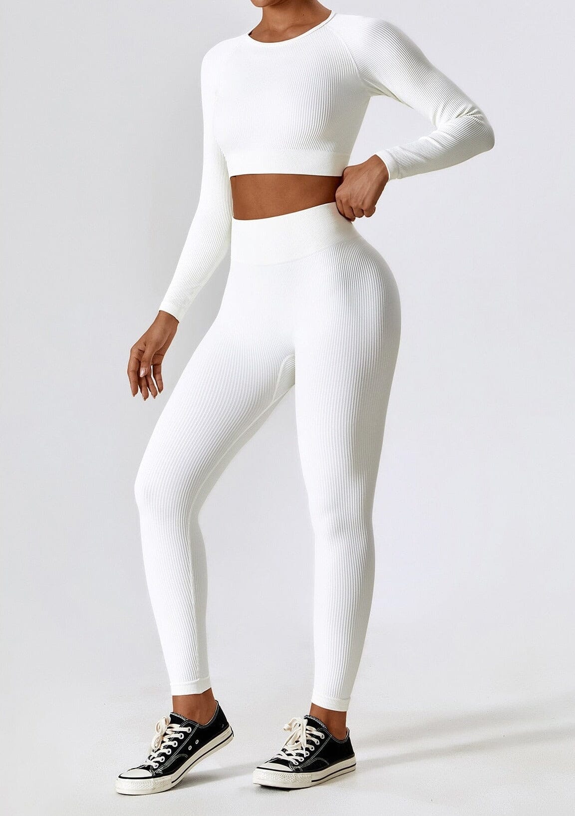 Women's Ribbed Knit Two-Piece Set - Long Sleeve Crop Top & High-Waisted Leggings