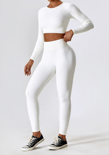 Women's Ribbed Knit Two-Piece Set - Long Sleeve Crop Top & High-Waisted Leggings