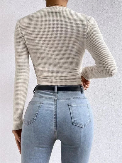 Women's basic  waffle long sleeve t-shirt slim fit top