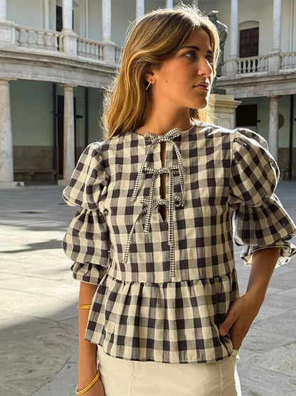 Women's Blouse - Puff Sleeve - Loose Fit - Striped Lightweight Tie-Neck