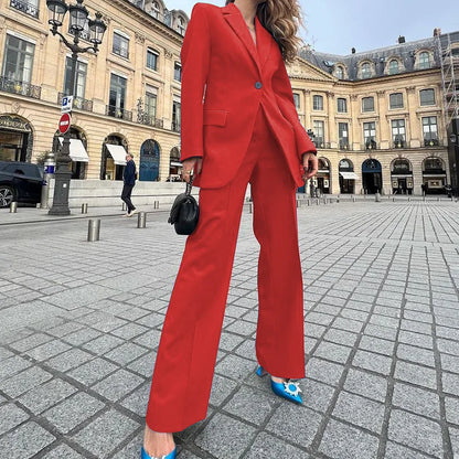 Women's lapel one-button closure blazer and pants 2-piece outfit set