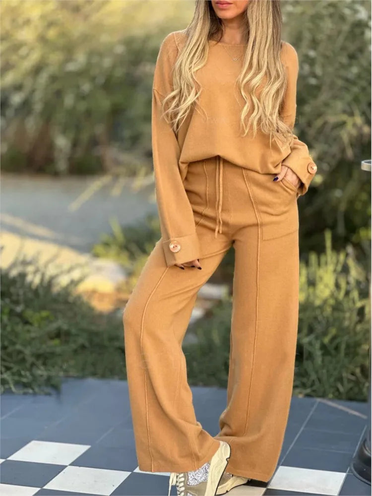 Women’s casual long sleeve t-shirt and wide leg trousers set