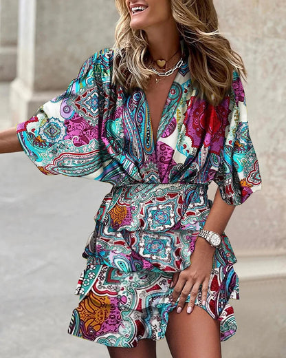 Women's V-Neck Wrap Dress - Tiered Ruffle Skirt - Elbow-Length Sleeves - Relaxed Fit