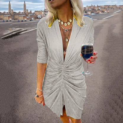 Women's V-Neck Dress - Ruched Waist - Knee-Length - 3/4 Sleeve Elegant Fit