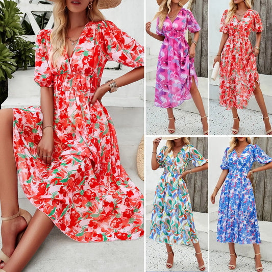 Lightweight Chiffon Puff Sleeve Midi Dress