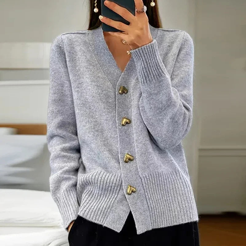 V-Neck Button Detail Long-Sleeved Cardigan Sweater