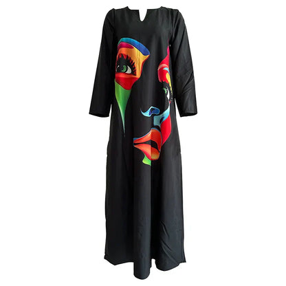 Women's long sleeve v-neck maxi dress colorful face print