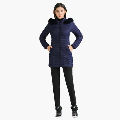 Women's slim fit winter puffer jacket with fur hood