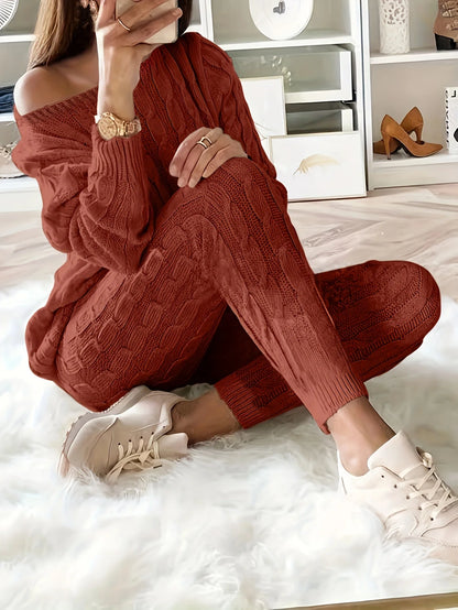 Women's casual knitted sweater and elastic pants set