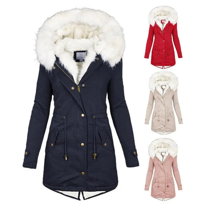 Women's Parka Coat - Long Length - Faux Fur Hood - Warm Padded - Zip Closure